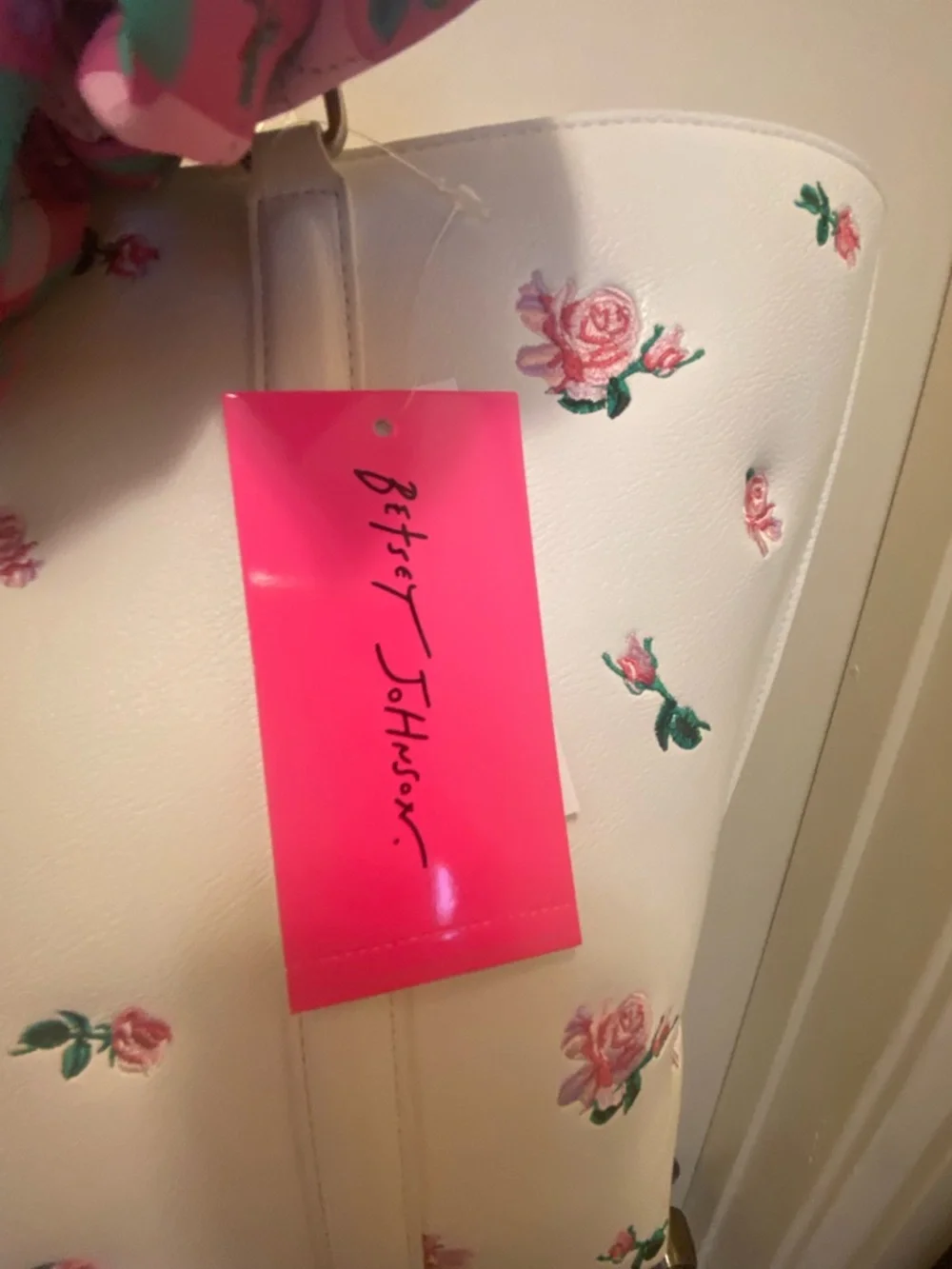 Betsey Johnson White Floral Tote with Pink & Green Scarf Accent - Picture 2 of 8